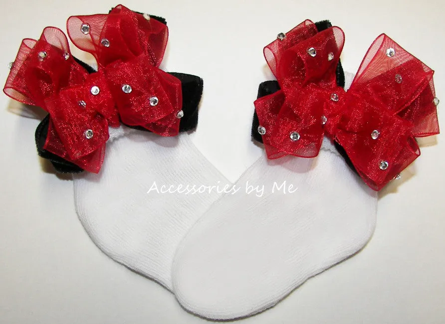 Glitzy Red Black Organza Velvet Bow Socks