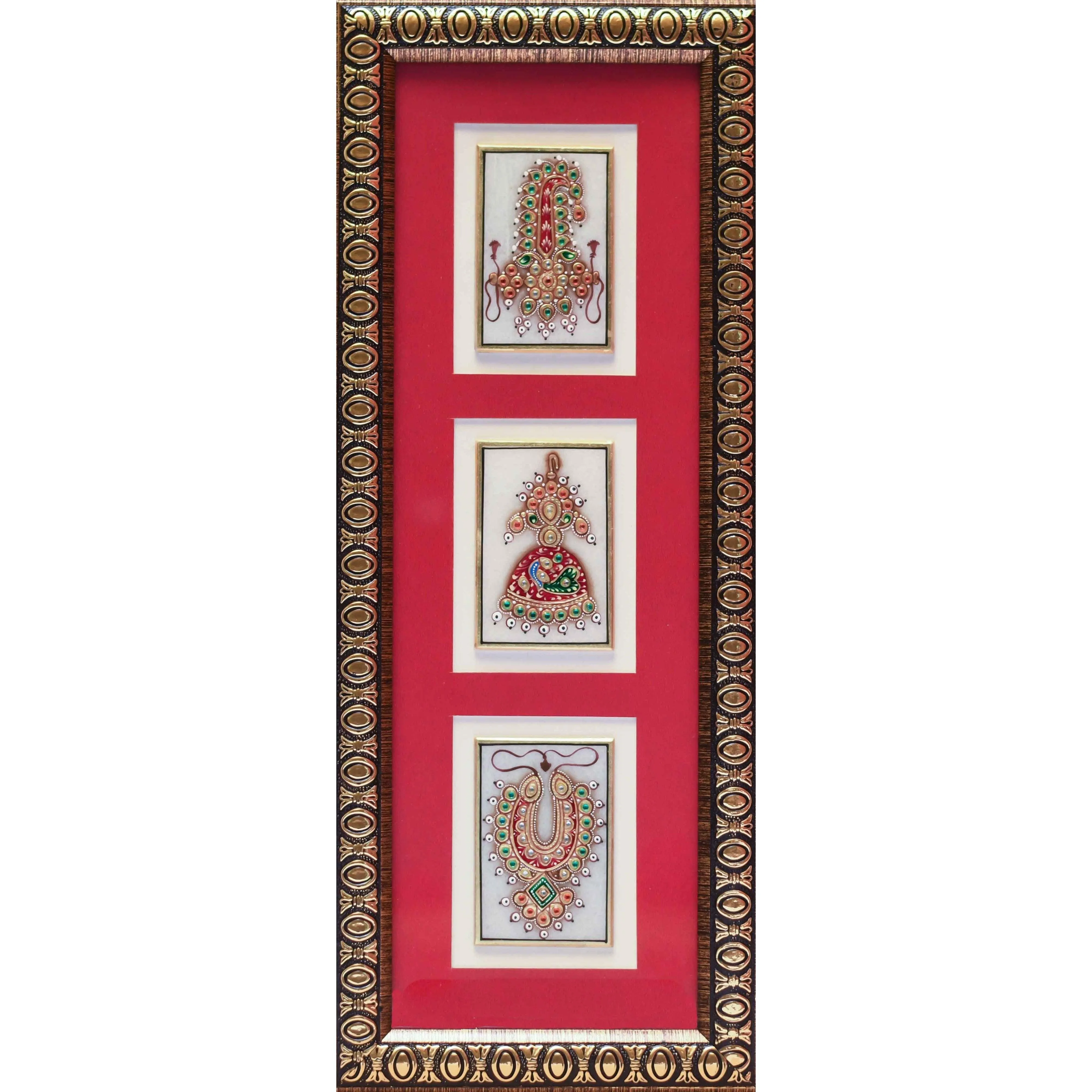Handcrafted Jewelry Painting, Gold Leaf Meenakari Art, Three Marble Miniature - Wall decor