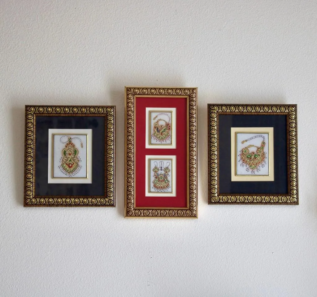 Handcrafted Jewelry Painting (Set of 3) - Wall Decor - 22K Gold Leaf Meenakari Marble Art