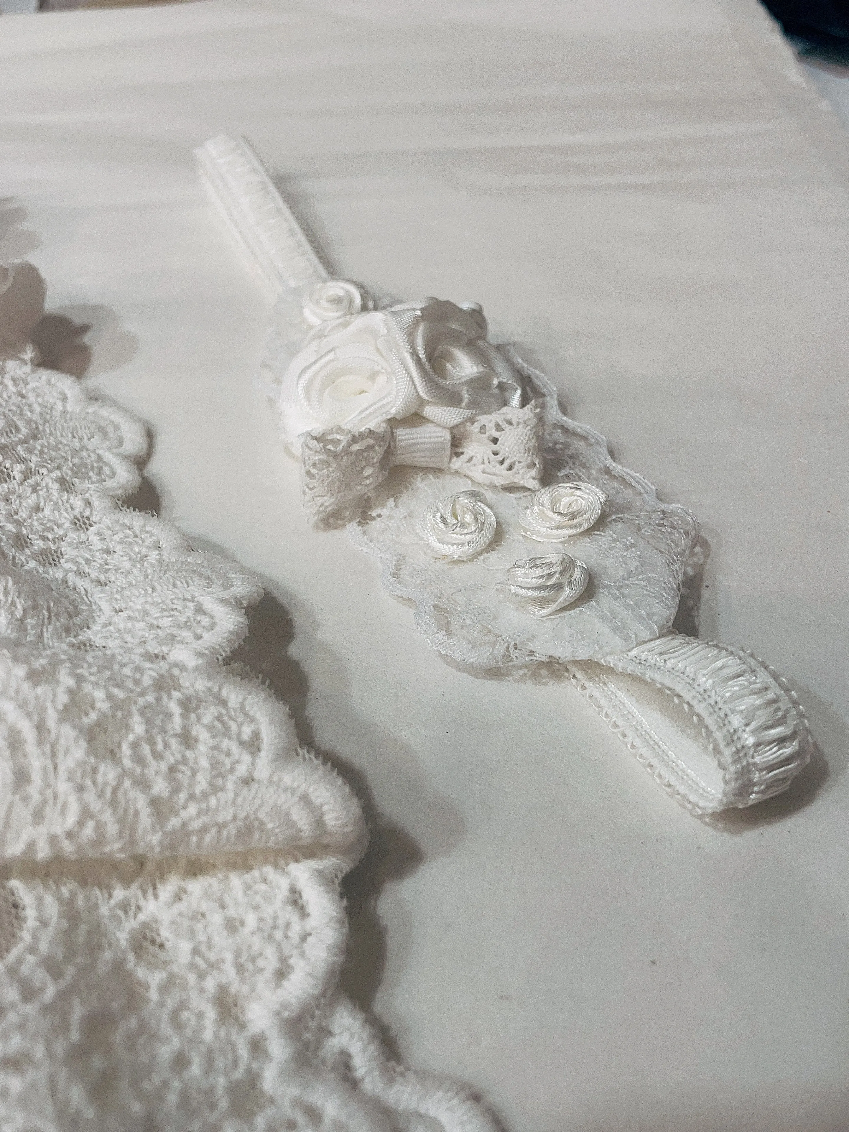 Handmade Christeninng Headband With Flowers - Ivory