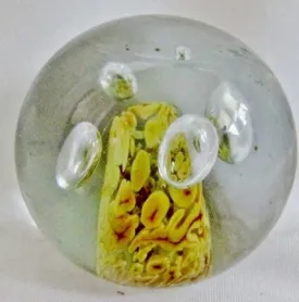 Handmade MILLEFIORI Art Glass Paperweight GLOBE Vintage CLEAR Cell Beige Bubble