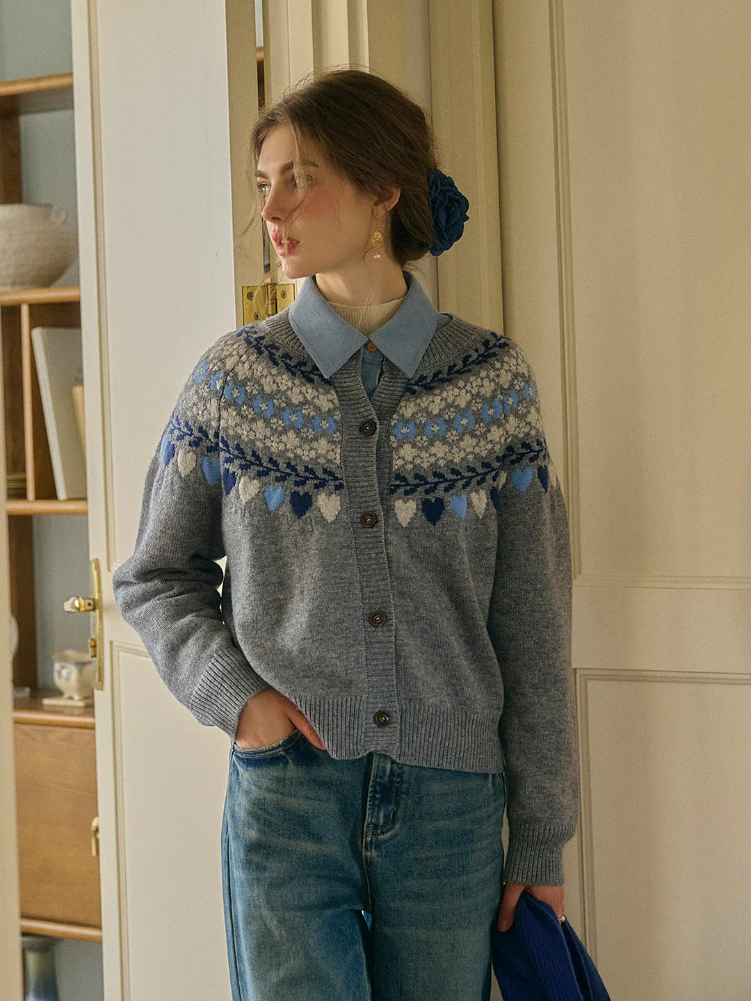 Jessie Classic Crew Collar SR Exclusive Design Fair Isle Cardigan-Gray