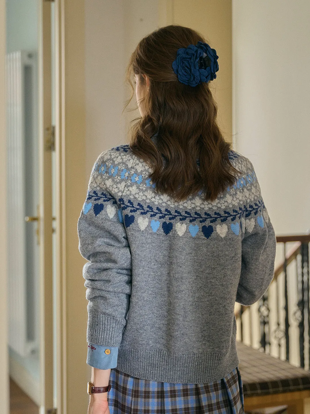 Jessie Classic Crew Collar SR Exclusive Design Fair Isle Cardigan-Gray