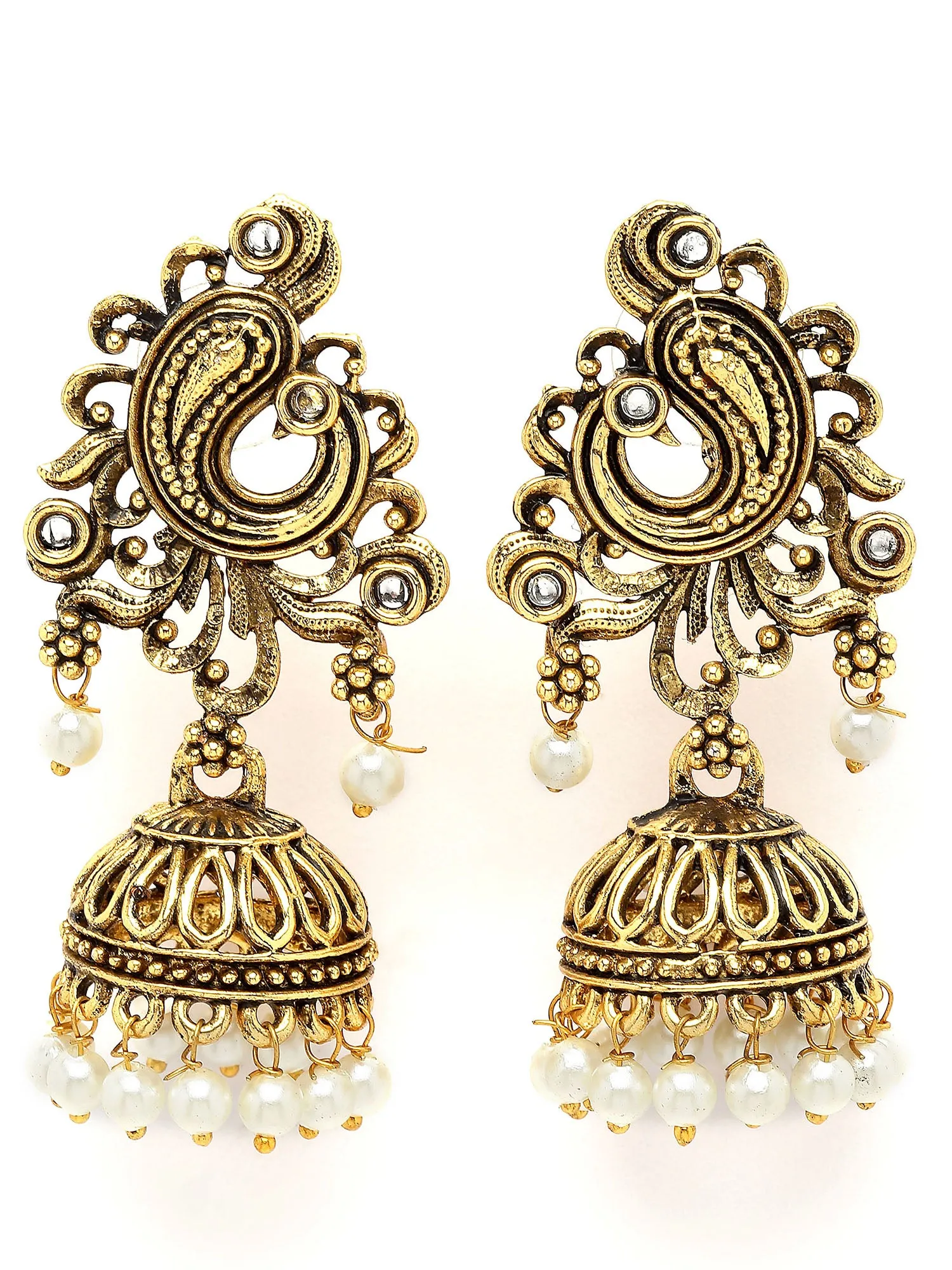 Karatcart Antique Gold Plated Pearl Studded Jhumki Earrings for Women