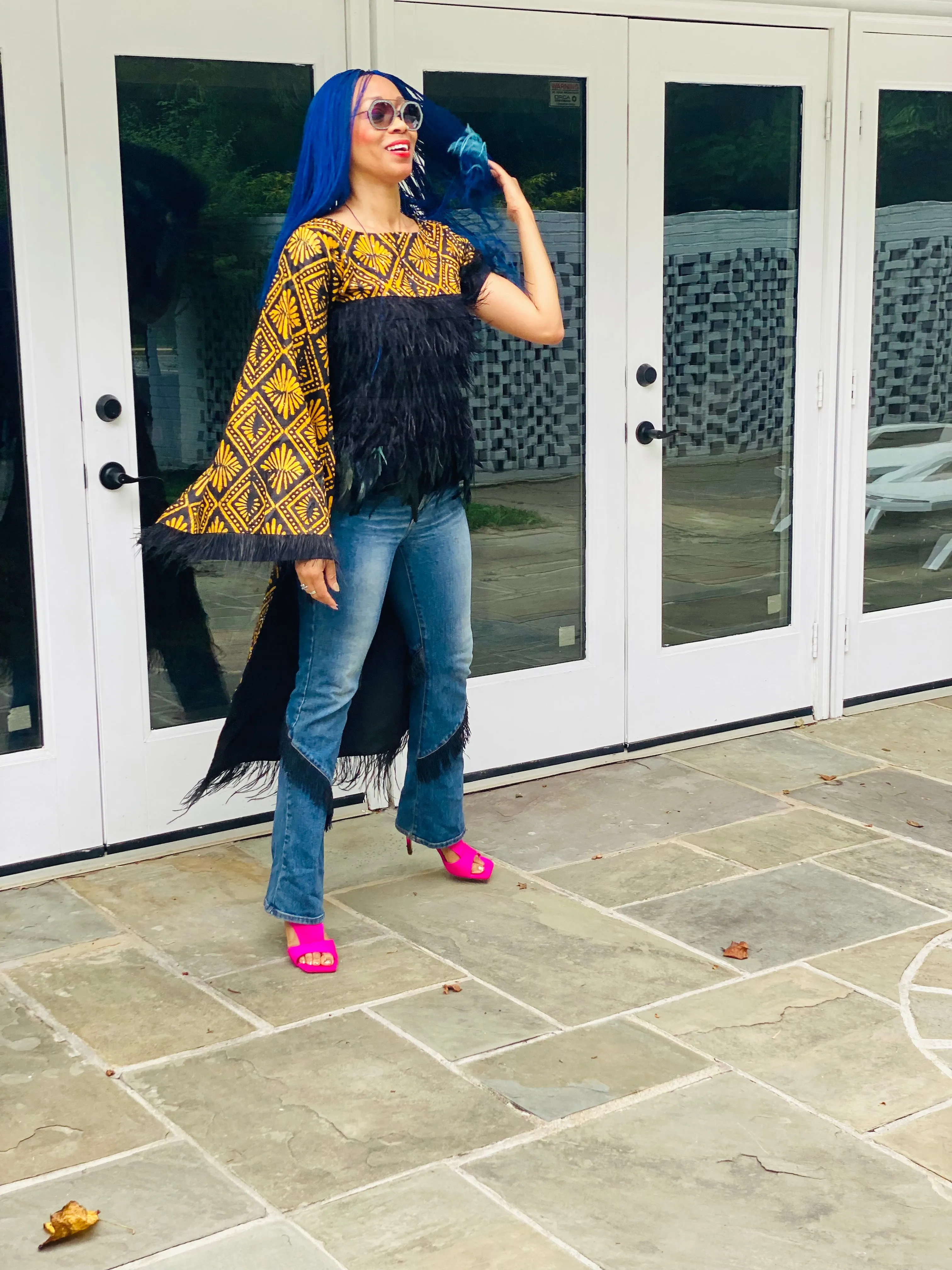 One Sleeved Mustard Malaga Hand Beaded Adire Blouse  with Plumage-