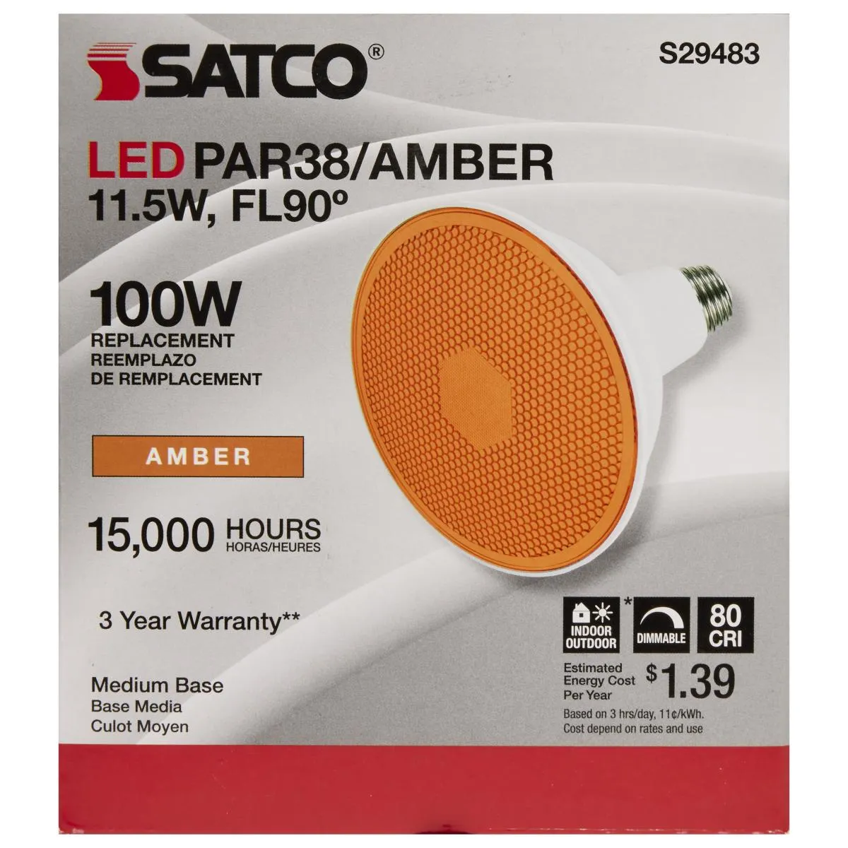 Orange 11.5 Watt PAR38 LED; 90 degree Beam Angle; Medium base; 120 Volt