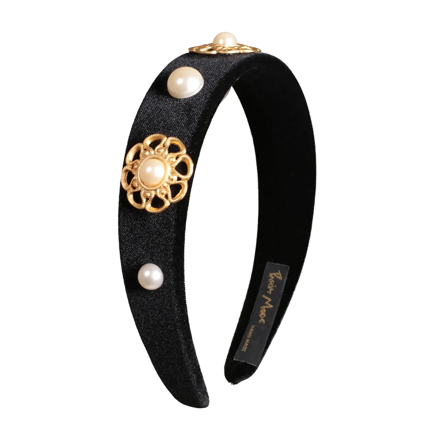 Paris Mode - Velvet Pearl Embellished 3 cm Flat Headband