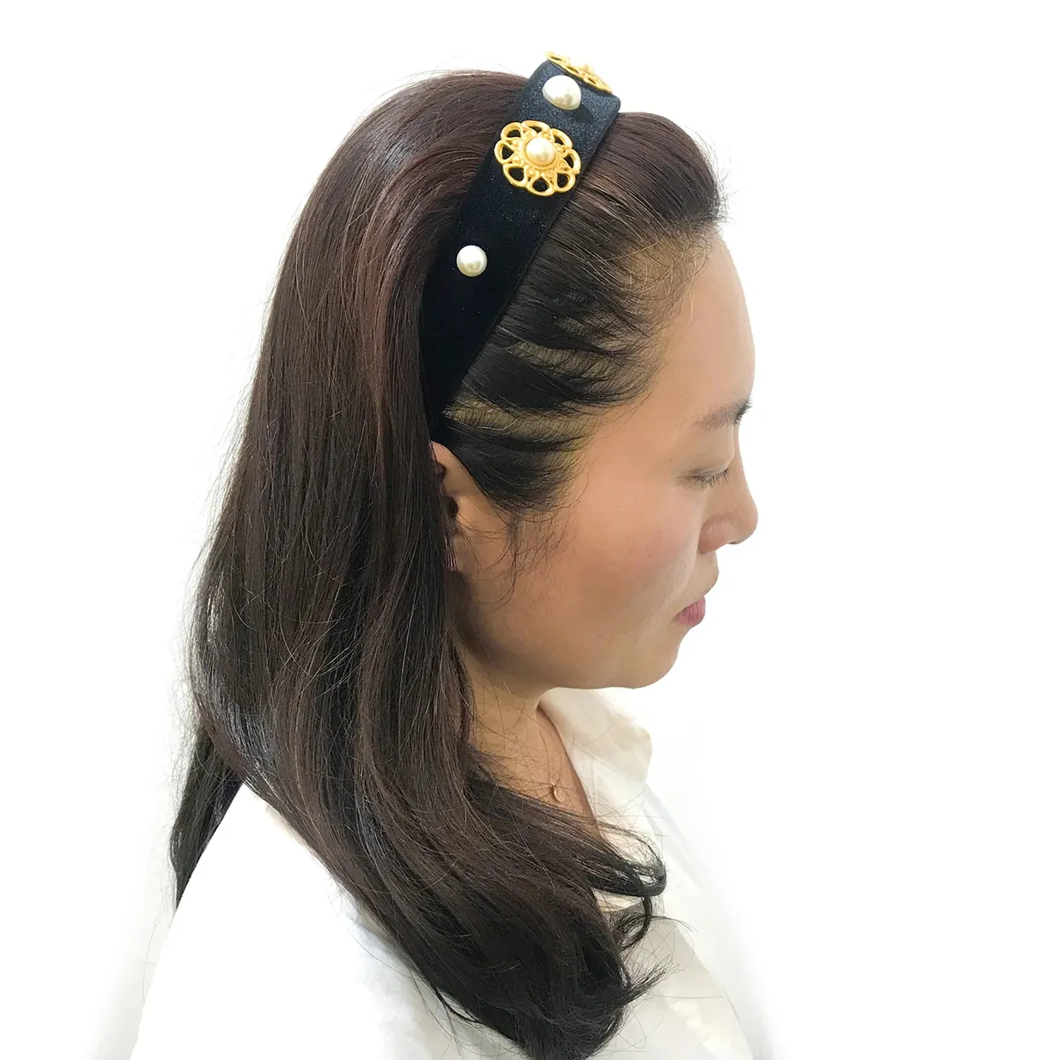 Paris Mode - Velvet Pearl Embellished 3 cm Flat Headband