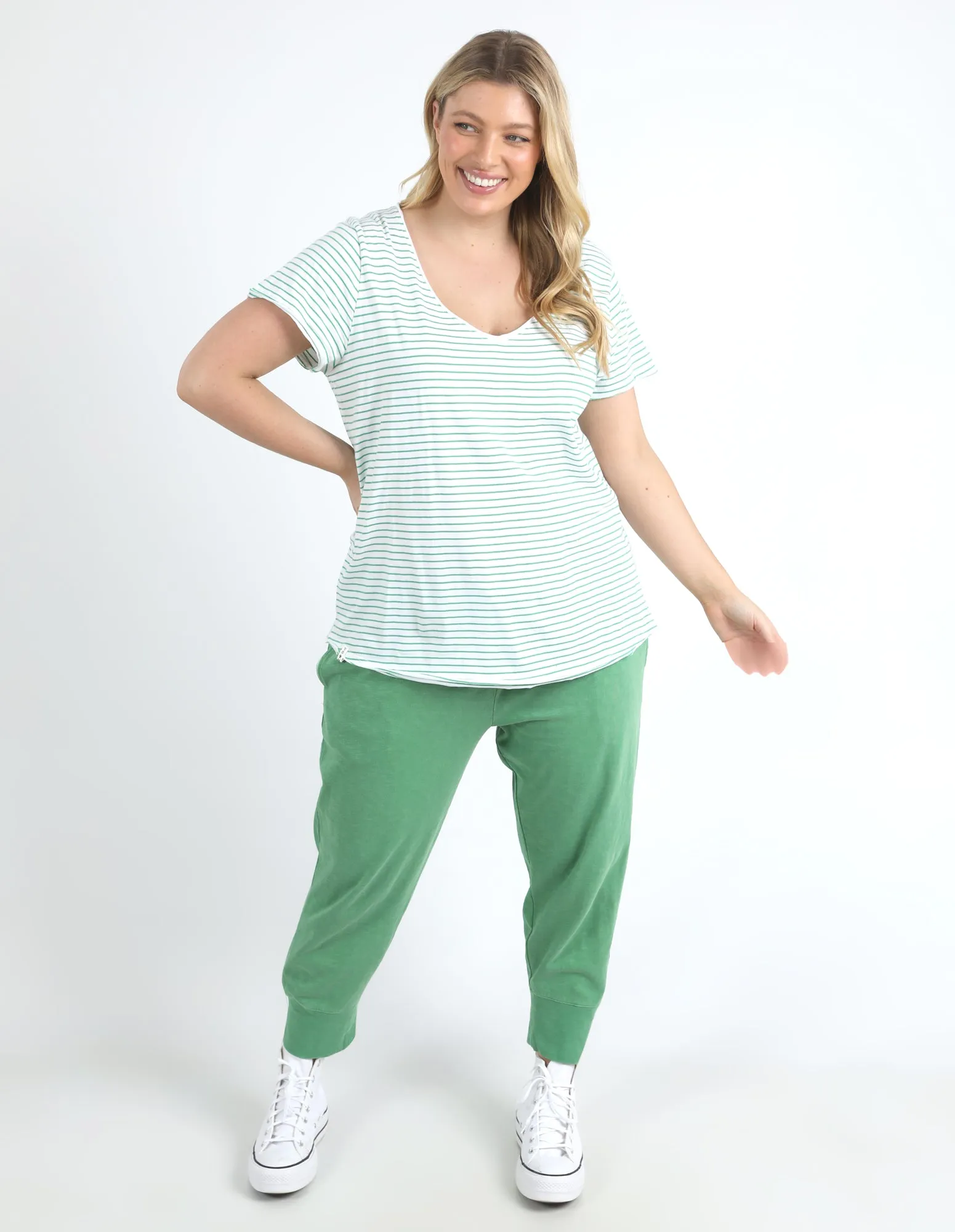 Remi Stripe Vee Tee White/Green Stripe