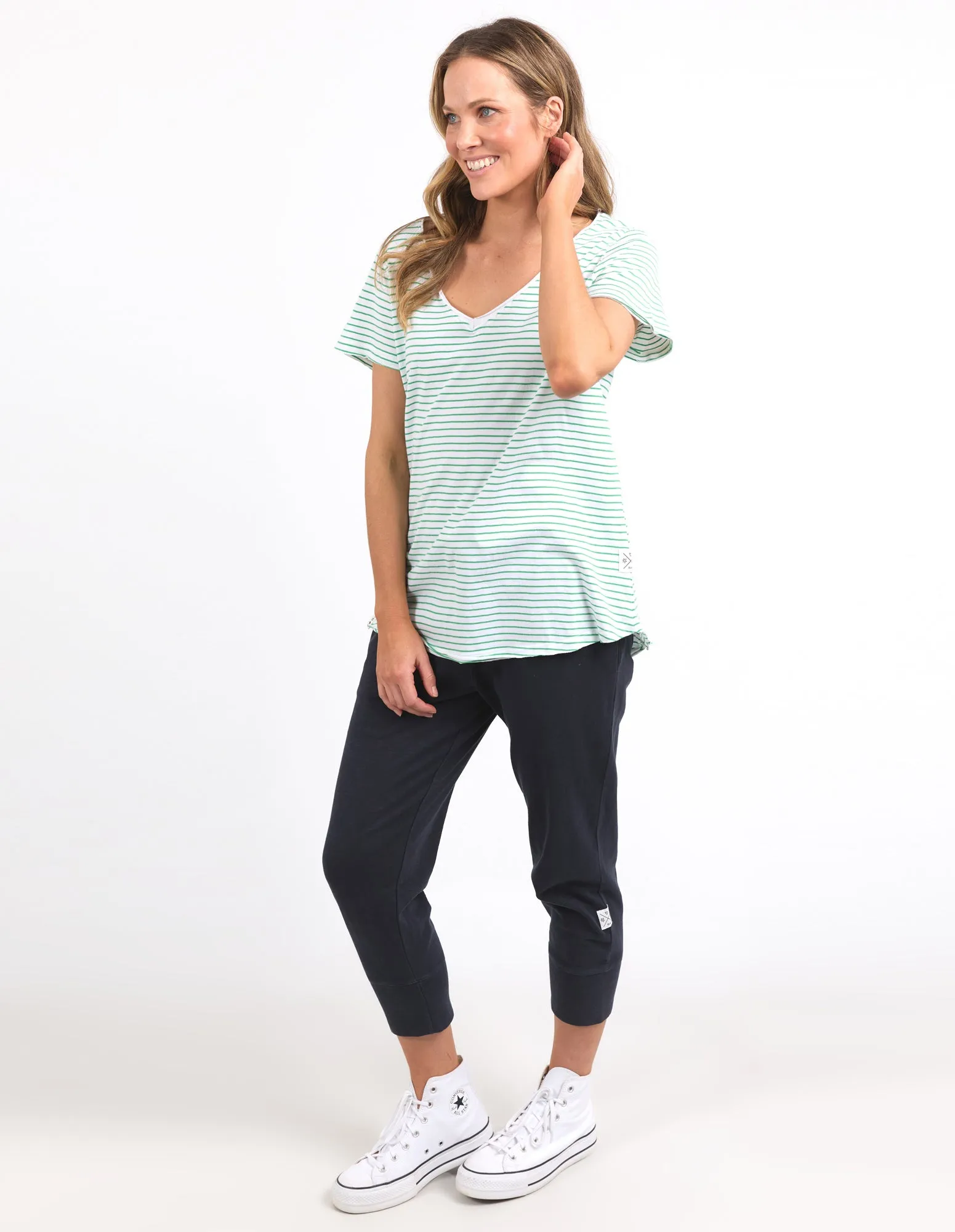 Remi Stripe Vee Tee White/Green Stripe