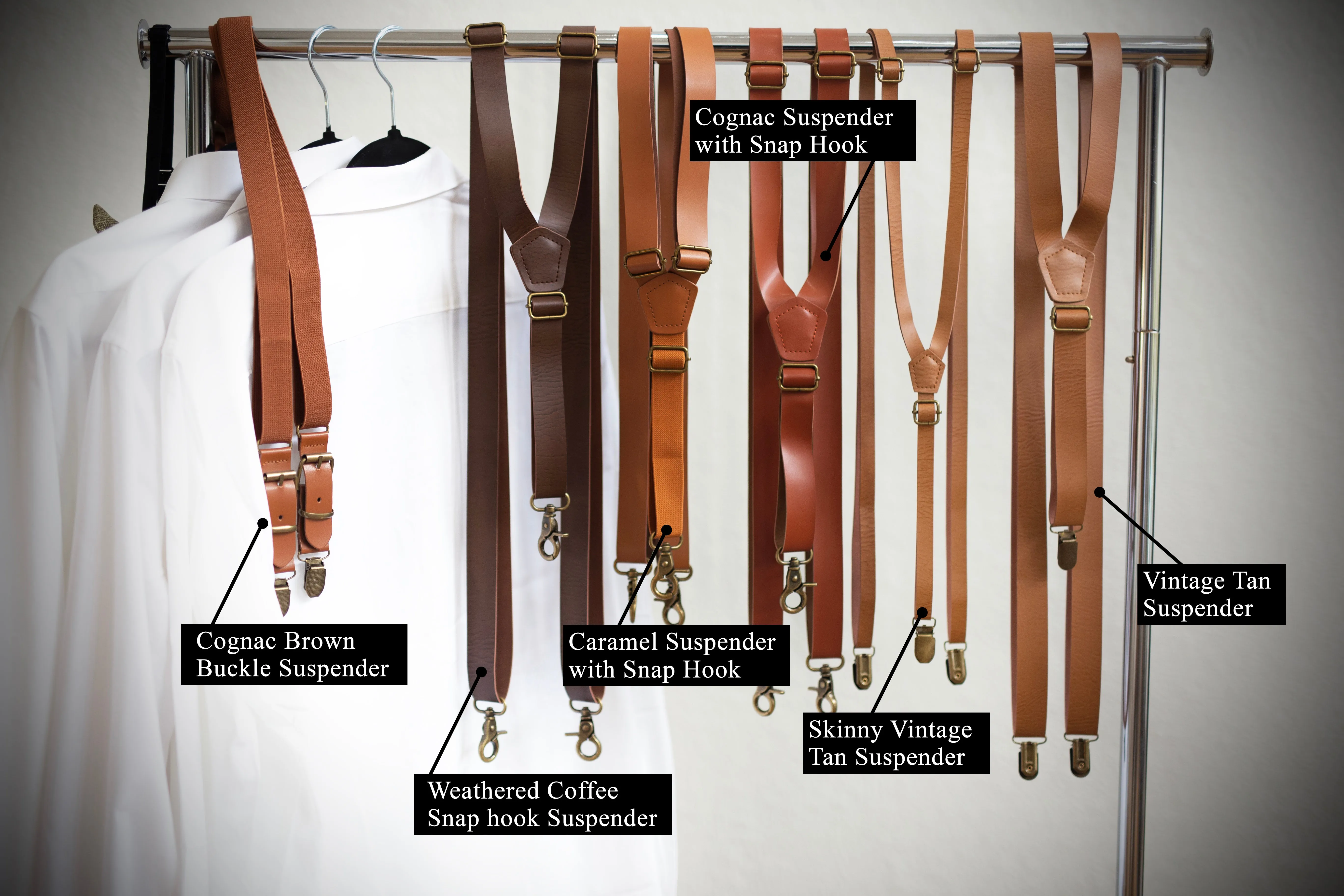 Skinny Caramel Suspenders with Caramel Leather Bow Tie