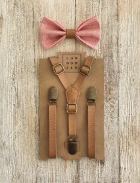 Vintage Tan Suspender with Coral Peach Mai Tai Bow Tie Set