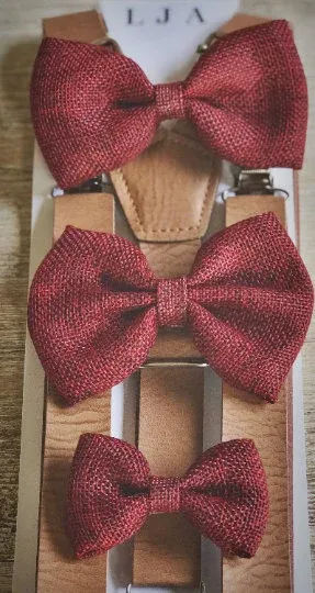 Vintage Tan Suspenders with Wine Cotton Bow Tie