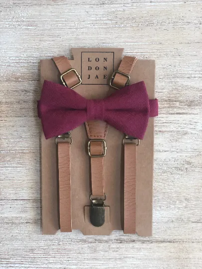 Vintage Tan Suspenders with Wine Cotton Bow Tie