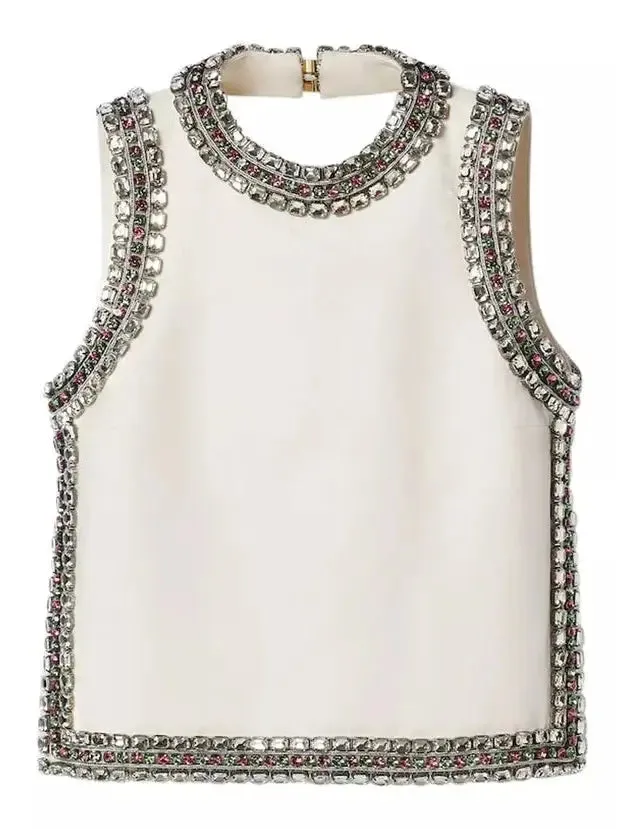 Women’s Backless Crystal-Embellished Crêpe Cady Chalk-Colored Top