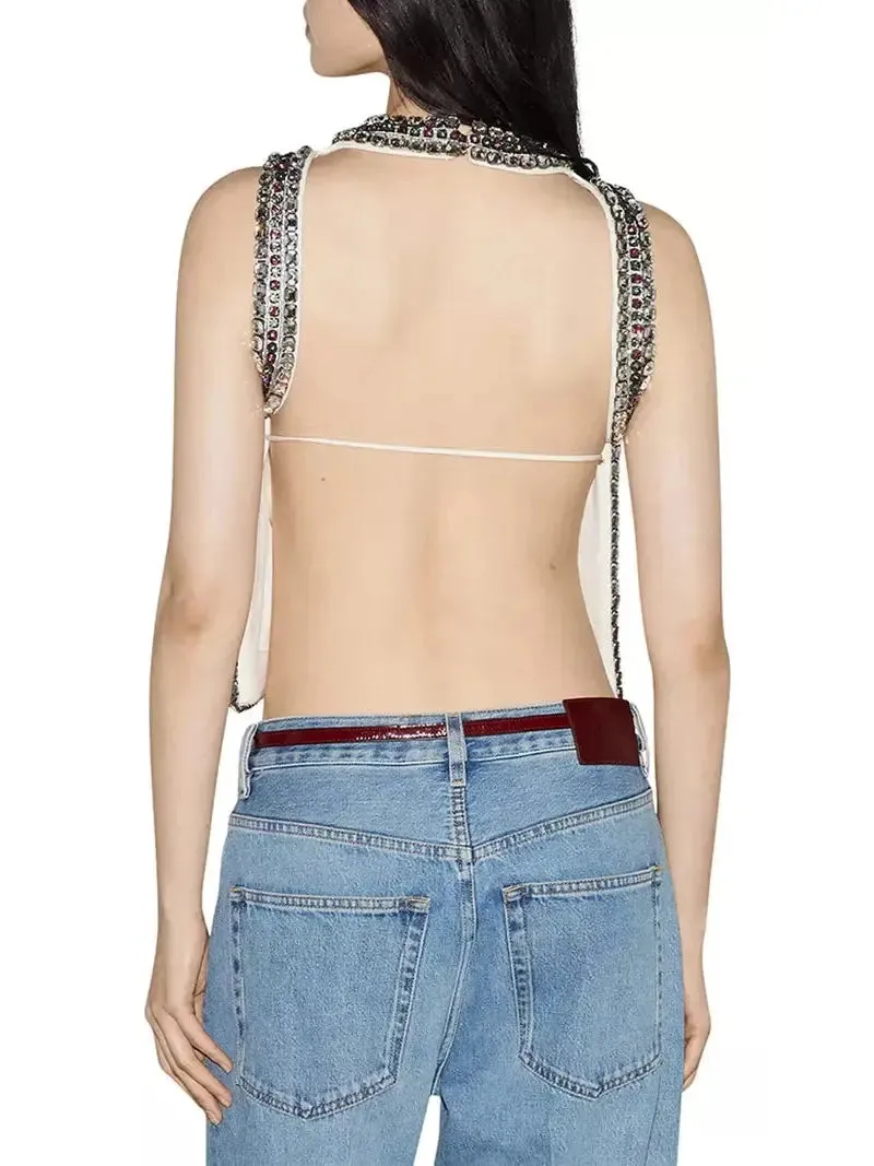 Women’s Backless Crystal-Embellished Crêpe Cady Chalk-Colored Top
