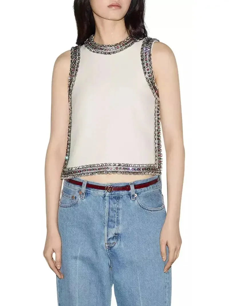 Women’s Backless Crystal-Embellished Crêpe Cady Chalk-Colored Top